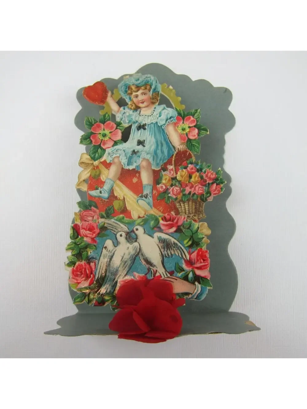 Vintage Valentine Honeycomb 3D Pop Up Die Cut Blonde Girl Blue Dress Dove Flower